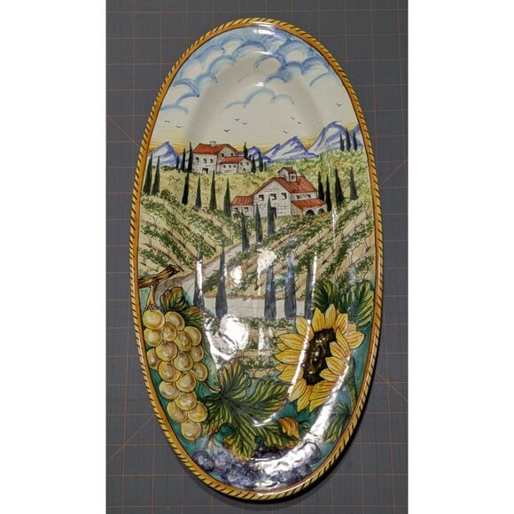 Hand-Painted Italian Ceramic Wall Plate Vineyard Scene Sunflowers - Picture 3 of 16